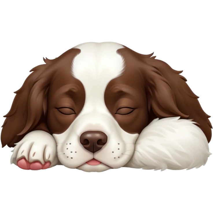 Meme-Worthy Cute Sleeping Springer Spaniel Portrait Emoji, Head resting peacefully with a contented smile, showcasing a delightfully agile build and a luxuriously soft liver and white Fur, eyes shut in a serene nap, Simplified yet hilariously adorable features, highly detailed, glowing with a soft, drowsy light, high shine, relaxed and utterly lovable, stylized with an air of playful laziness, bright and heartwarming, soft glowing outline, capturing the essence of a comically sleepy companion, so meme-worthy it feels like it could instantly become the next viral sensation of adorable slumber! emoji