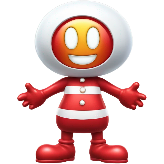 Very shiny full body character with pill capsule head with retro antennae and jetsons aesthetic  puffy body and welcoming waving Mickey Mouse arms braun Japanese inspired Anpanman with big boots and antennae red and white colors only emoji