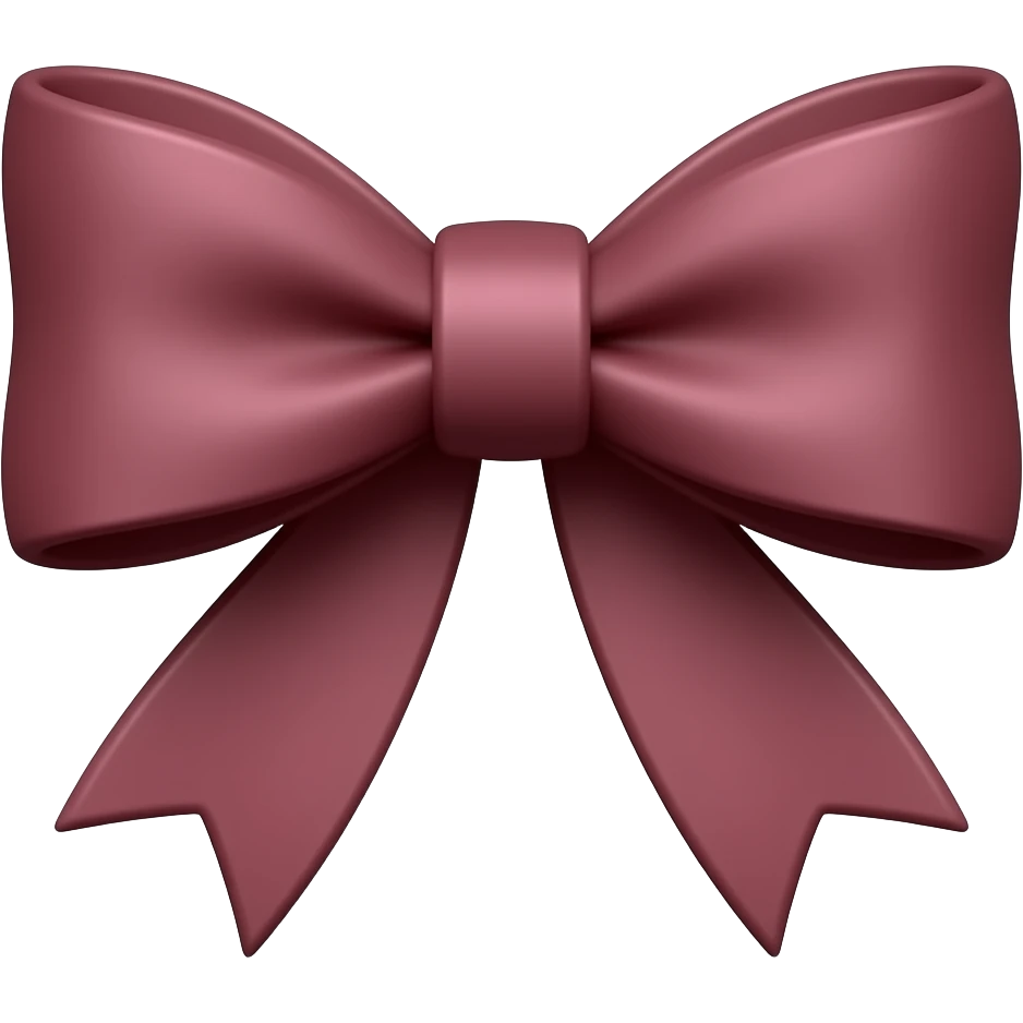 A simple 3D bow emoji with a muted dark red color, rounded soft edges, satin-like matte finish, evenly balanced loops, two long ribbon ends slightly curved, soft gradient shading, minimal design, isolated on white background, studio lighting, Apple-style emoji look. emoji