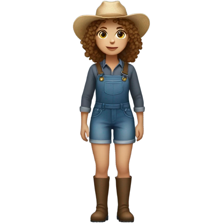 full body farmer girl standing, LIGHT skin, brown curly hair, holding carrors emoji