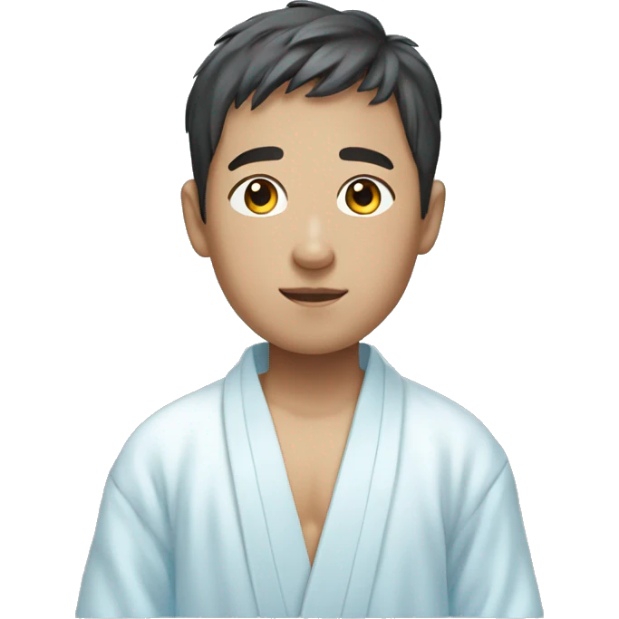 korean boy in white tshirt wearing a unbuttoned light blue bath robe emoji