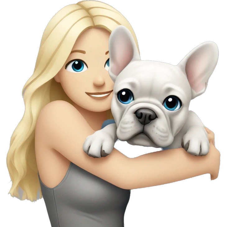 Blonde and blue eyes women hugging a light grey french Bulldog  emoji