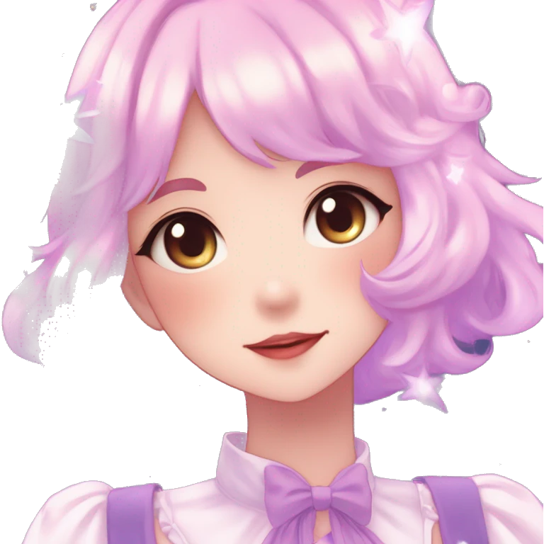 Gorgeous anime style lady blushing face dreamy idol model colorful shiny stars galaxy kawaii pastelcore cottagecore pearly petite simplistic aesthetic trending style emoji