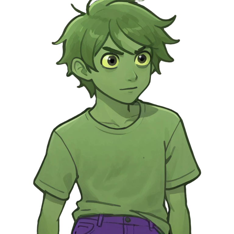 F shaped head boy and light yellow shirt and green hair and purple pants emoji
