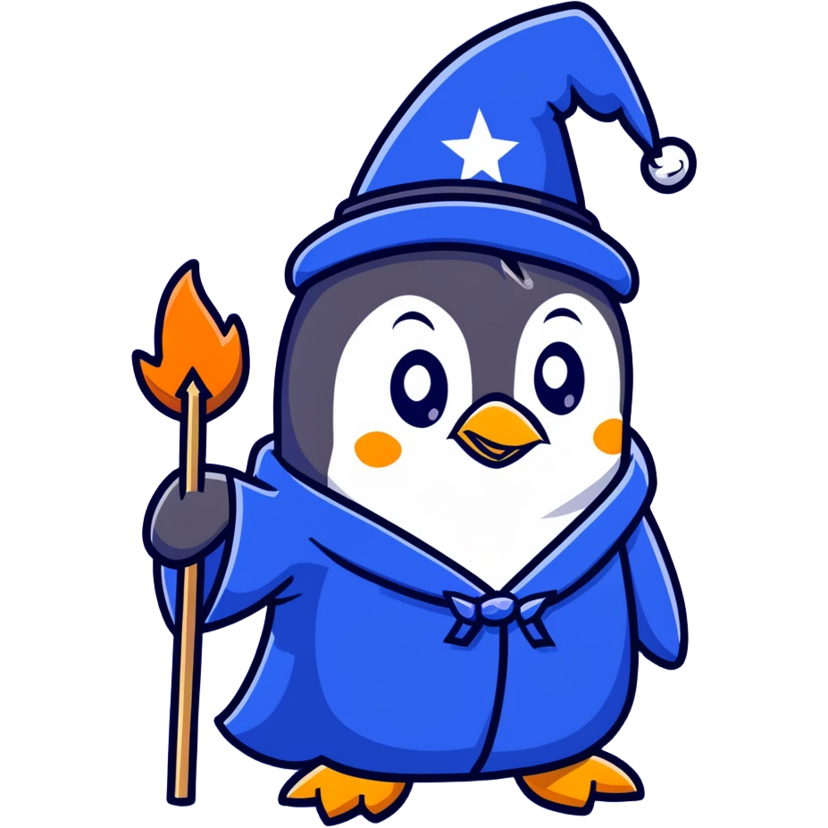 A penguin in a blue wizard robe and pointy hat with stars, casting a magical spell emoji