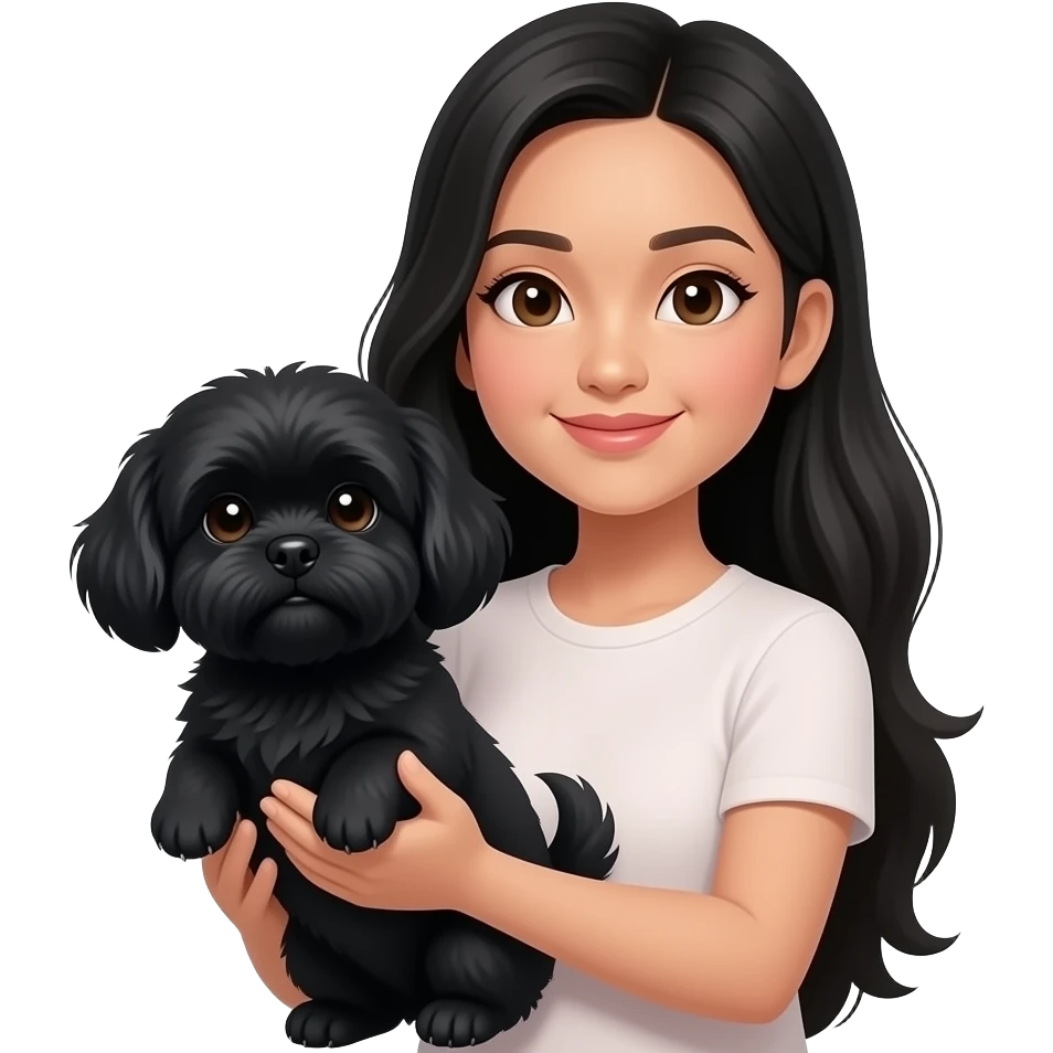 Black long hair small eyes Indonesian woman holding a black shih tzu emoji