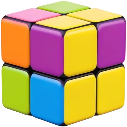 A 3x3 Rubik's Cube with candy-colored bright scheme: bubblegum pink, lemon yellow, bright blue raspberry, lime green, grape purple, tangerine orange, minimalist iOS emoji style emoji