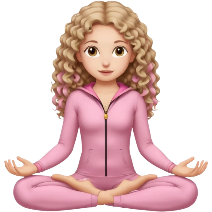 Girl with long curly fair hair and hazel eyes with а mole to the left of the lips in a light pink sport suit sitting in a lotus pose. emoji