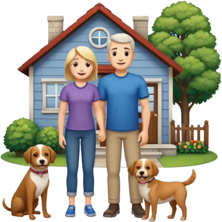 1 Father 1 Mother and 1 young boy who is half as tall as the parents, standing in front of their house with a dog next to them. Everyone should look VERY happy emoji