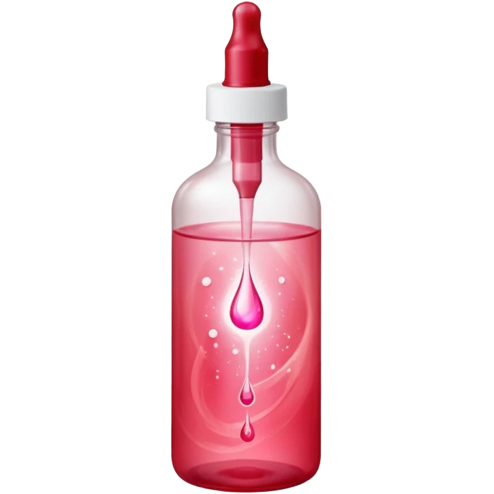 Translucent reddish-pink dropper bottle with white cap and minimal label, glowing softly. Floating in a faint red aura with swirling light ribbons and tiny peeling sparks lifting upward. by shimmer flakes, symbolizing cell renewal. Feels like a silky exfoliation elixir sealed in a potion vial  emoji