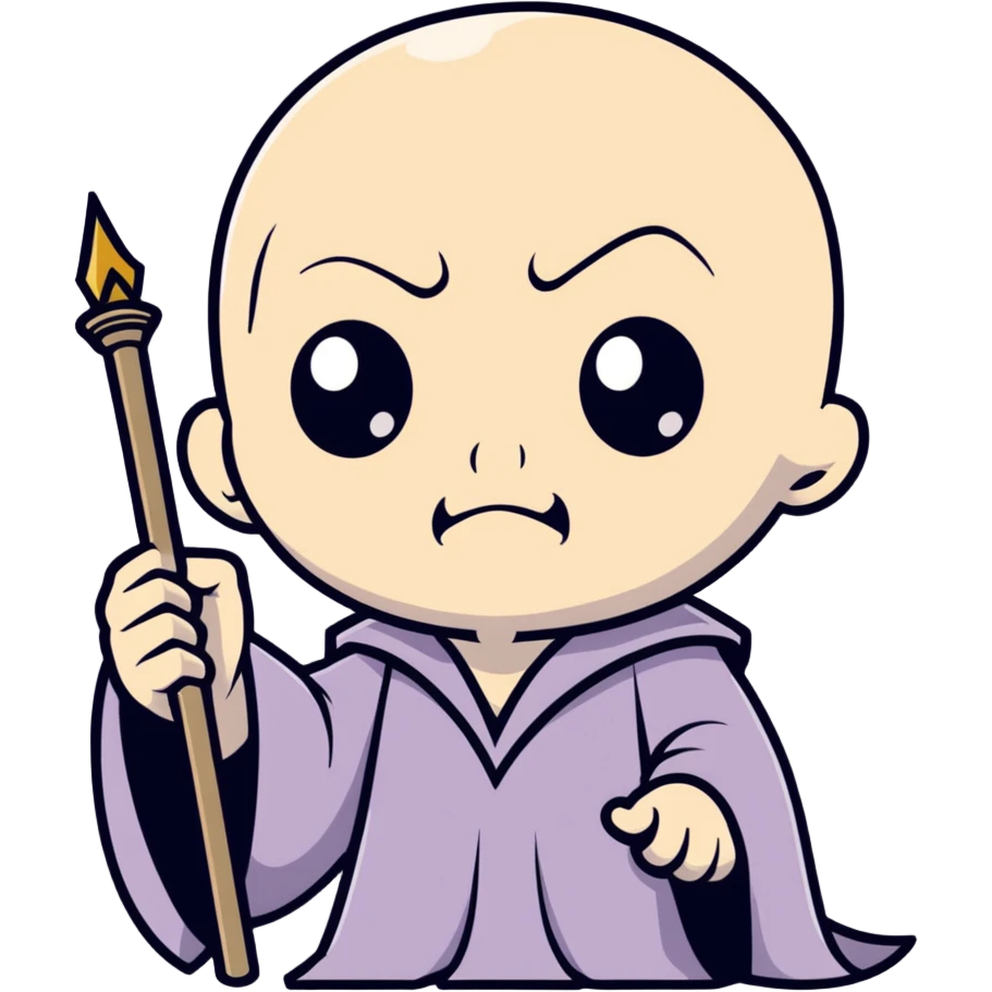 cartoon style Voldemort, holding a wand, menacing expression, pale and bald emoji