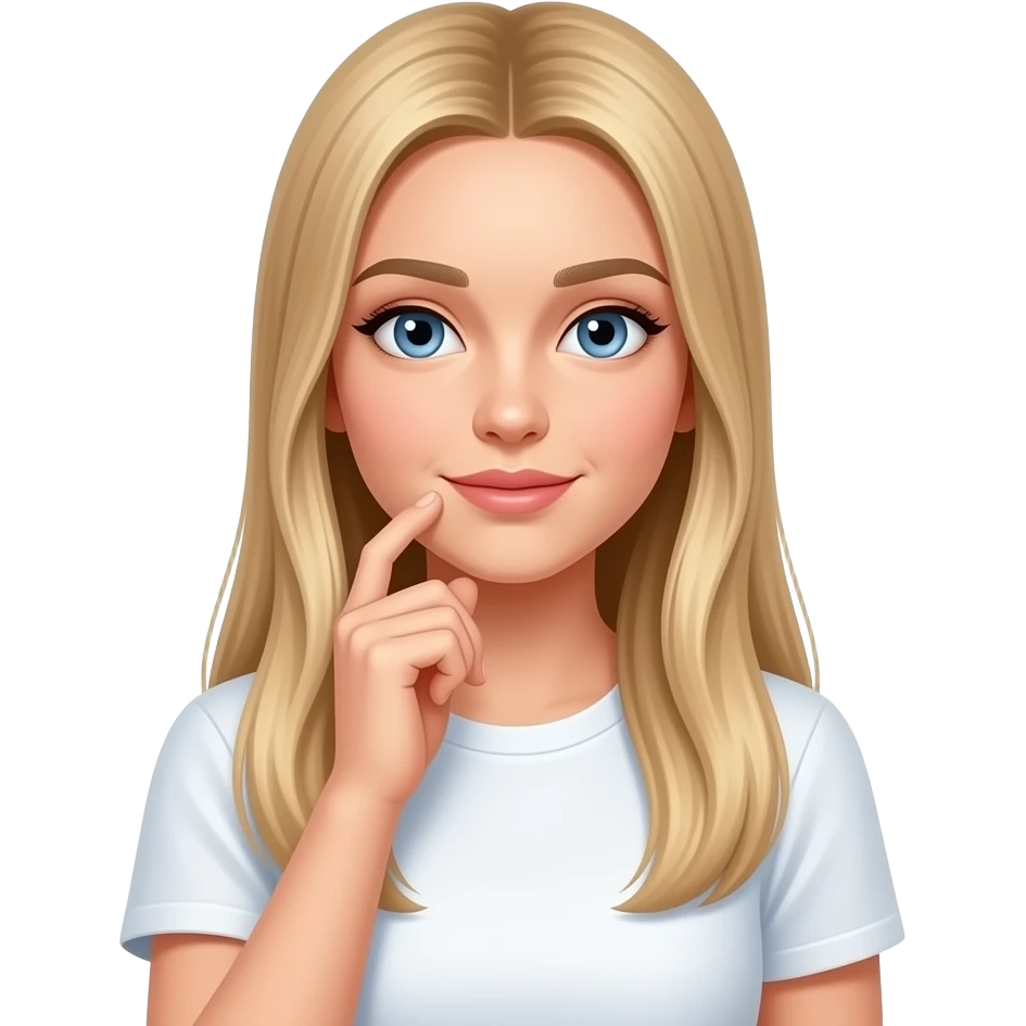 bella ragazza russa bionda capelli lisci lunghi e occhi chiari, con maglietta bianca e Thinking emoji