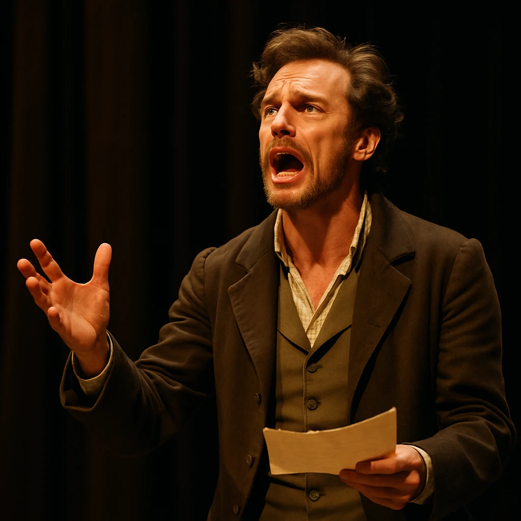 theatrical actor reciting lines, emotional, stage, dramatic expression emoji