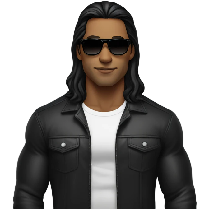 Man with long black hair, masculine face, fine lips, black sunglasses, lather jacket, underneath black t-shirt, muscles emoji