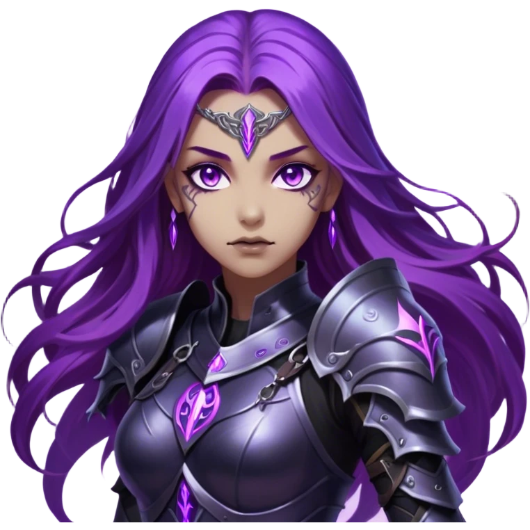 A mysterious warrior girl with long, flowing purple hair catching the dim light. Her glowing violet eyes stare forward, unwavering. She wears sleek black armor, adorned with silver runes that pulse faintly with hidden power. A dark mist swirls at her feet, hinting at the energy she commands. emoji