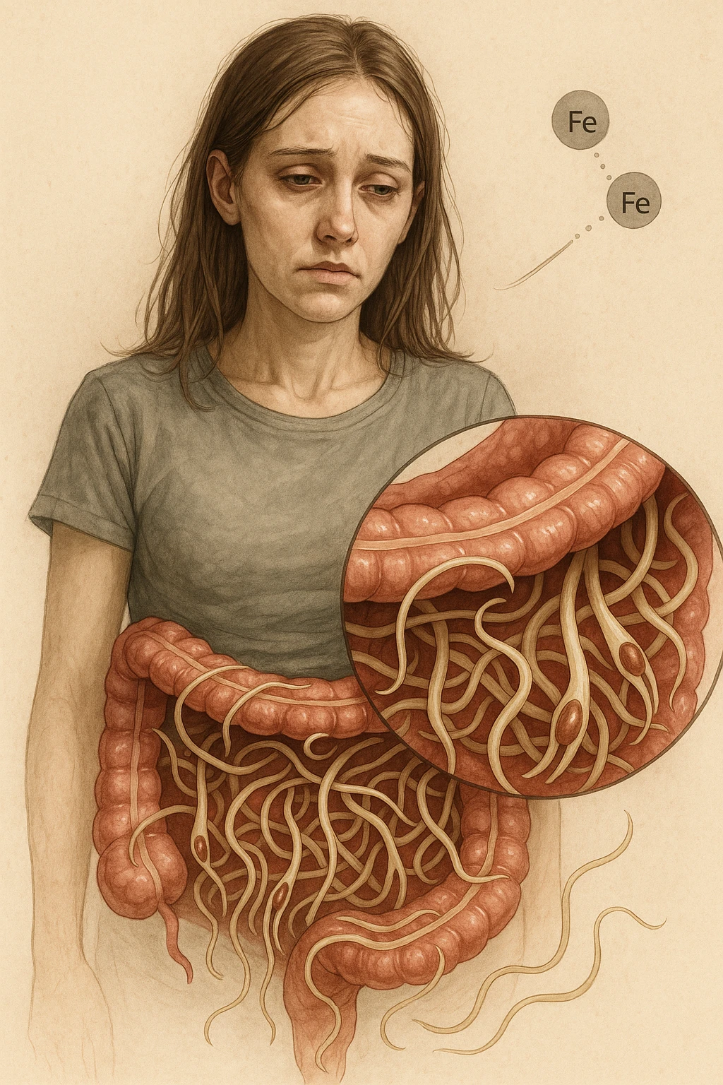 donna con parassiti intestinali che amano la sua carenza di ferro così possono svilupparsi. Immagini realistiche emoji