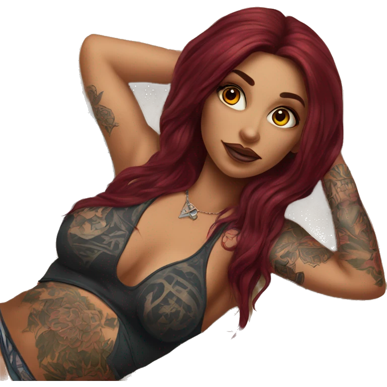 Beautiful tattooed burgundy long haired woman laying on the beach emoji