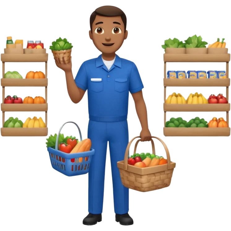 Supermarket employee at a cash register, full body, serving a man surprised emoji