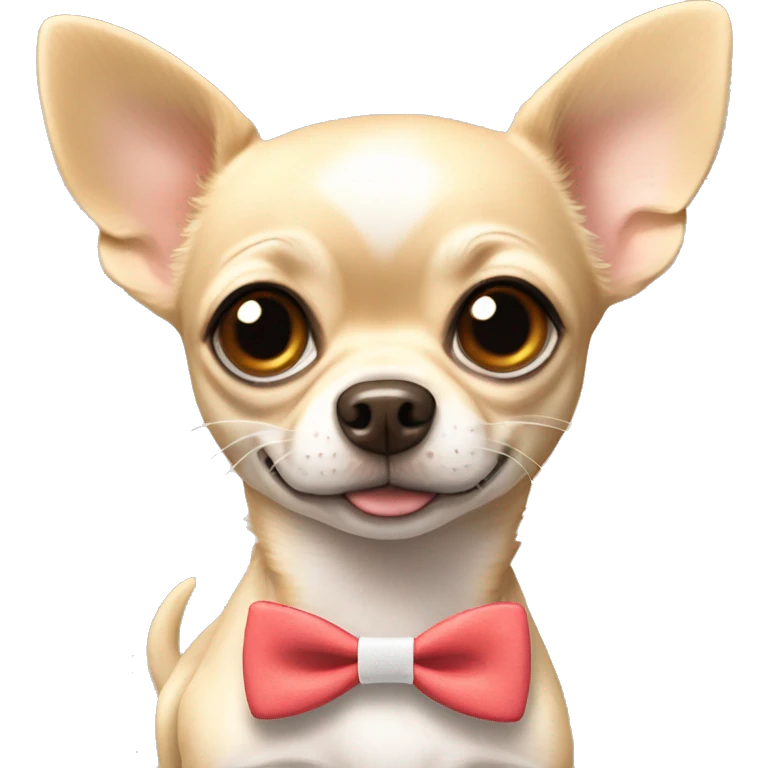 Dog beige chihuahua with bow and name tag saying rio emoji