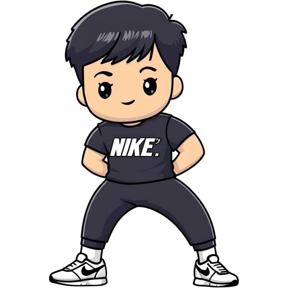 chico moreno cartoon with eyebrow-length bangs, wearing a black Nike t-shirt, black Nike pants lowered, white Dior sneakers, urban flow emoji