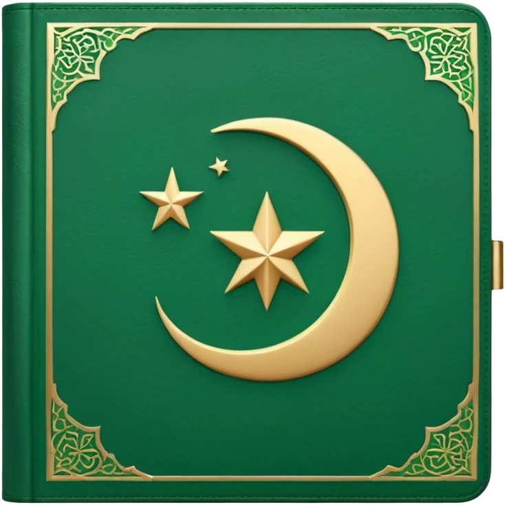 Closed Quran with the Islamic Symbol on it (moon and star) green from left to right emoji