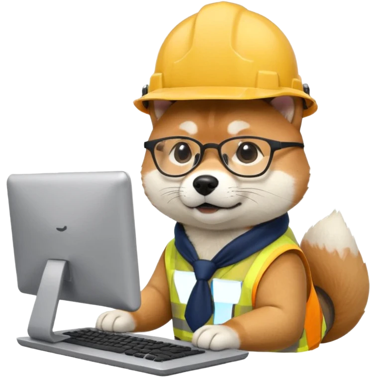 shiba inu with eye glasses and computer wearing a hard hat emoji