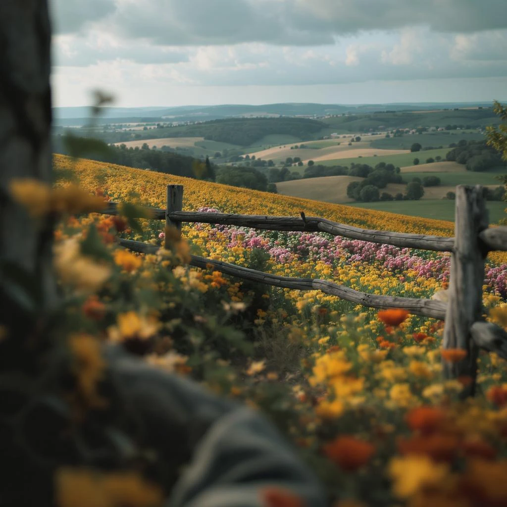 "Two shot" of a person in the foreground, blurred plants in the foreground (frame within a frame), a wooden fence and colorfull flowers in the midground, Poland, rolling hills in the background, cinematic depth of field, layered composition, natural lighting emoji