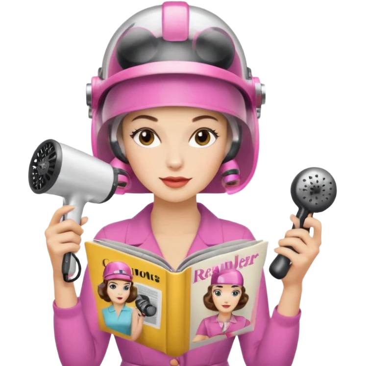 Emoji de mujer con casco secador, pelo recogido, rulos y leyendo revista, estilo vintage chic emoji