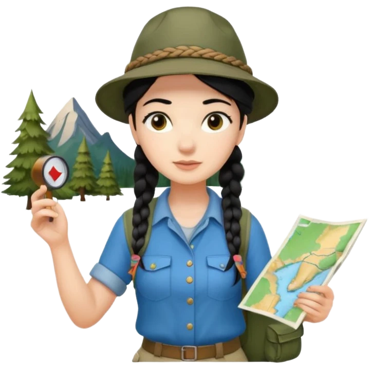 A braid black hair backpacking woman checking her map with curious eyes while walking with camping hat full body emoji