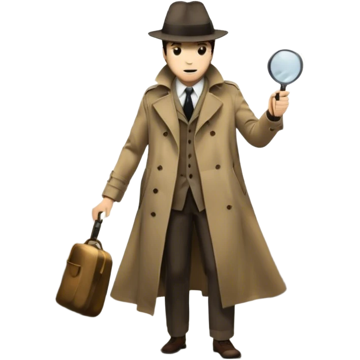 Icon for Detective Movies: A vintage movie poster-style design with a mysterious silhouette of a detective in a trench coat and fedora, holding a magnifying glass. Add dark alleys, shadows, and crime scene elements. Retro typography with cinematic flair. Transparent background. emoji