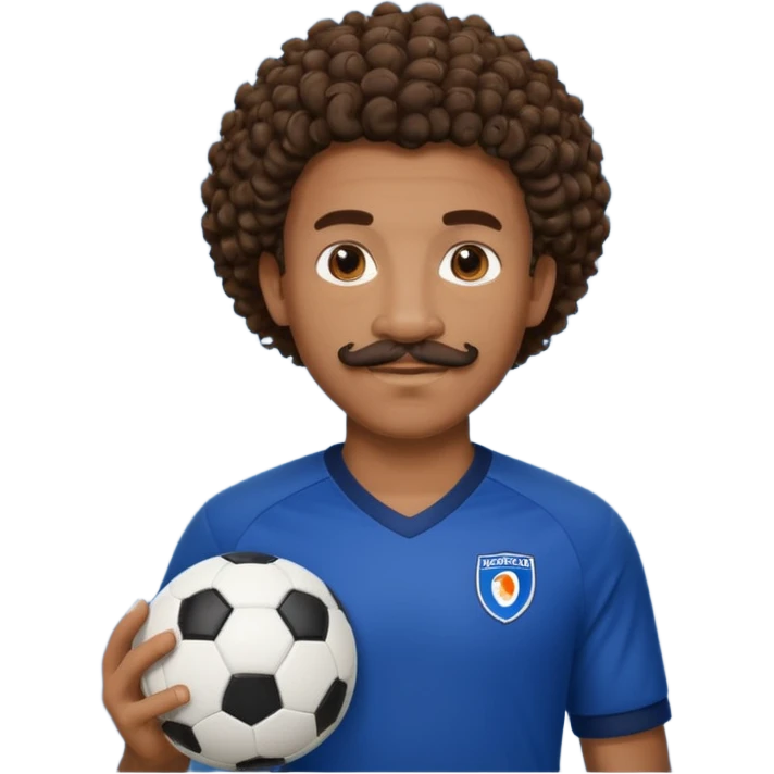 curly hair black man soccer player dark blue jersey with mustache holding soccer ball emoji