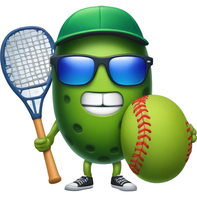 pickle with legs, wearing a jersey, mouth smiling, wearing baseball cap, holding a solid red paddle ball racket, blue backgound, wearing sunglasses emoji