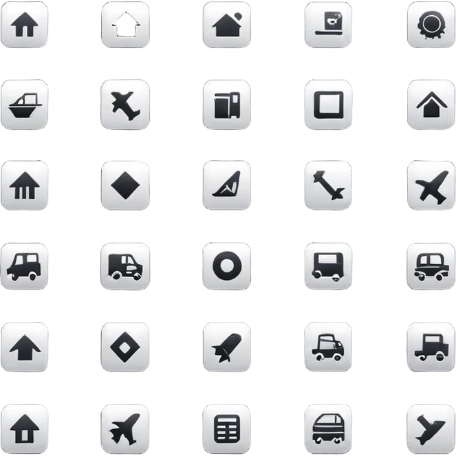 square minimal icons, space semiotic, black print on white background, square outline icons, minimalist symbols, transportation, economy, engineering, industry. Designed for signage.  emoji