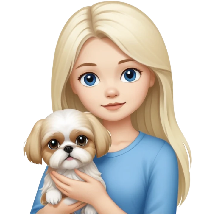 White blond girl with long hair and blue eyes holding a small female shih tzu dog emoji