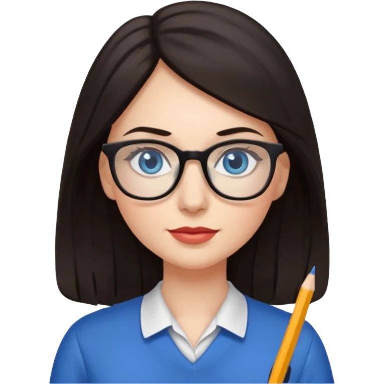long dark hair, blue eyes, glasses teacher female, eyelashes emoji