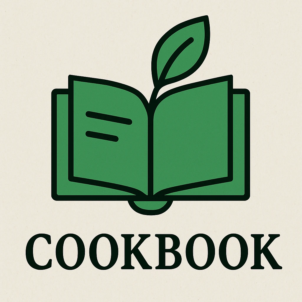 Place the green minimalist logo with leaf and book icon prominently and clearly on a cookbook background, ensuring the logo stands out and is easily visible. emoji