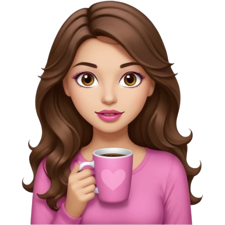 girl with long wavy brown hair, brown eyes, long lashes makeup, sexy pink lips, light to medium complexion, pink sexy top, with a coffee mug emoji