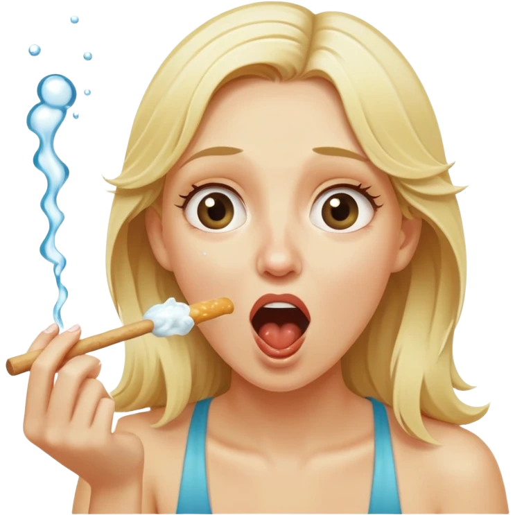blond woman eating a wide stick the same color as her skin, with a bite taken out of the edge, water stream squirting directly from the stick into her open mouth, surprised expression emoji