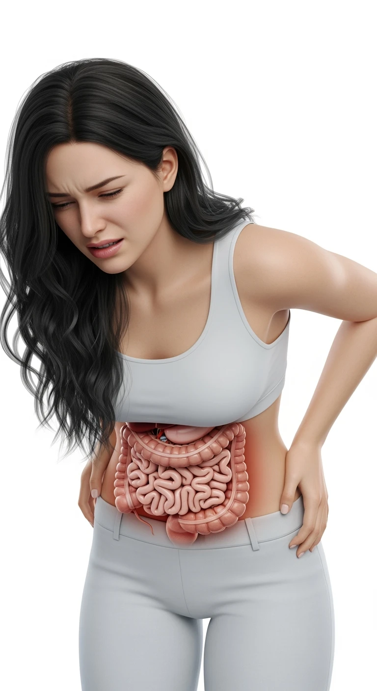 donna giovane piegata in avanti con mal di pancia e INTESTINO UMANO ANATOMICO IN EVIDENZA, iperrealistica 4k, ISOLATA SU SFONDO BIANCO emoji