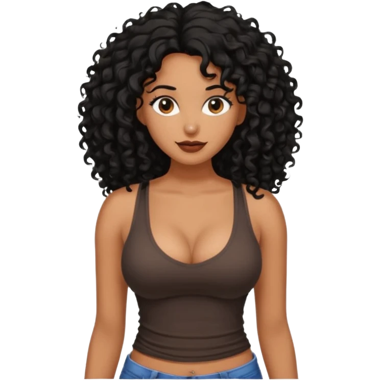 brown skinned lady with curly black hair long hair, messy, nice curves, busty, low cut tank top emoji