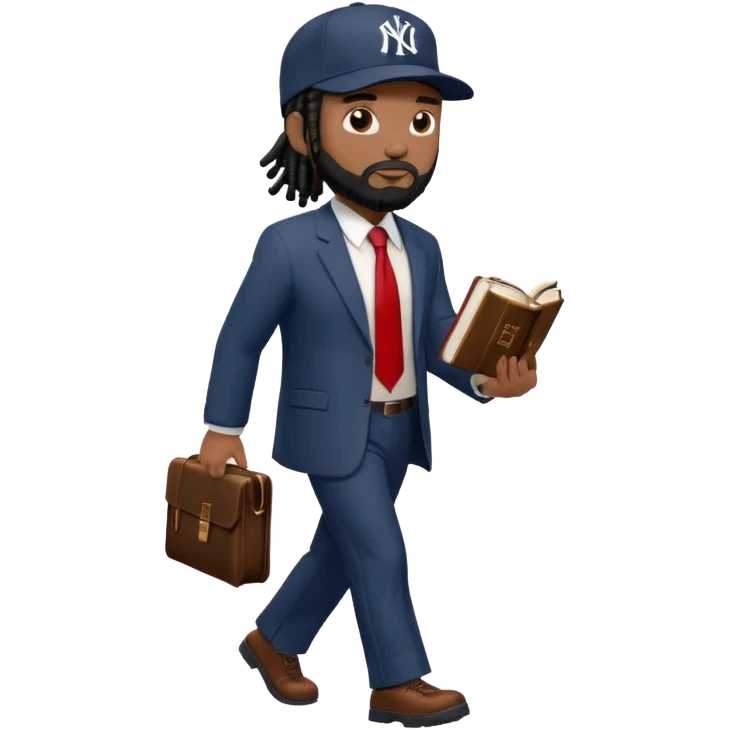 African American man with shoulder length black dreadlocks with black beard wearing a New York Yankees logo baseball cap wearing a suit with red tie walking right with a Bible in hand emoji