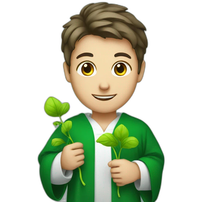 a European-looking student in a green robe with a sprout of green in his hands emoji