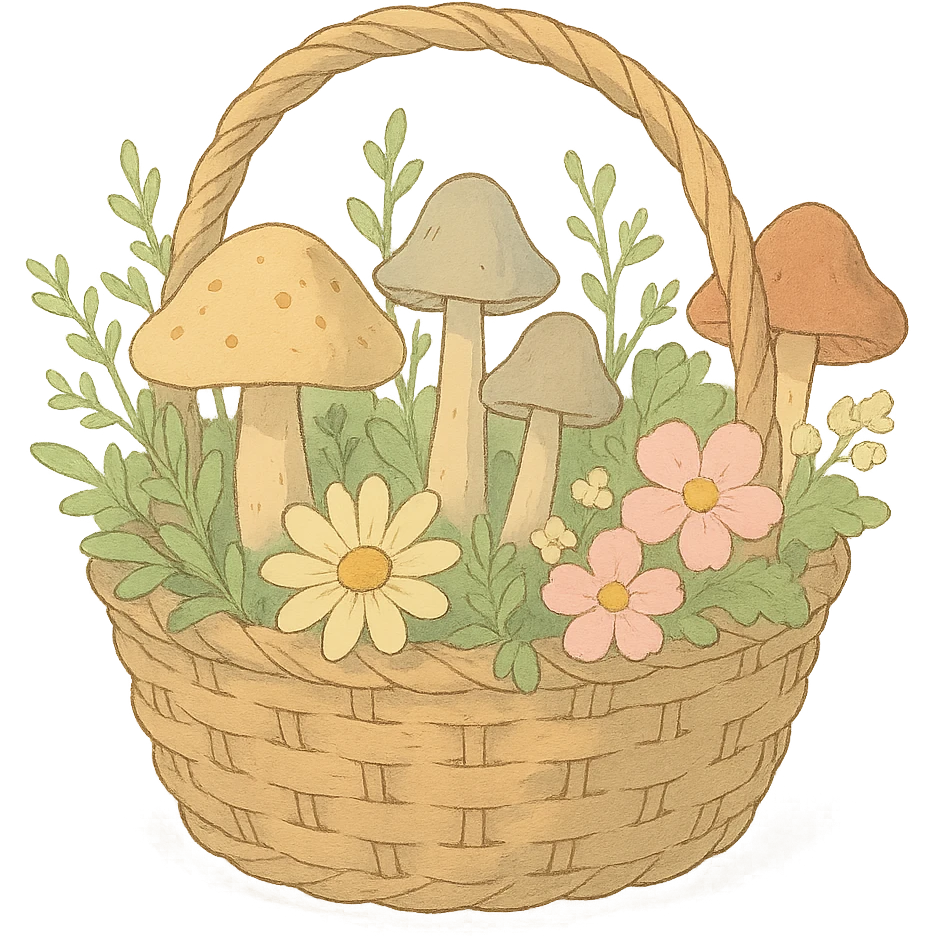 basket full of forest goodies including mushrooms, herbs, flowers in soft pastel colors, soft Ghibli style emoji