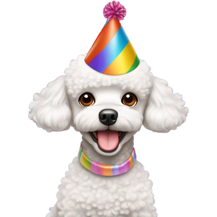 White Toy poodle wearing birthday hat emoji