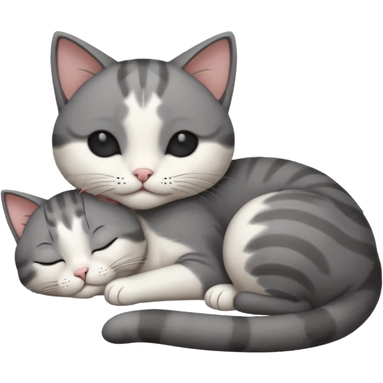 dark grey and white small cat with its eyes closed lying down leaning on its elbow with its paw curled under its head holding it up emoji
