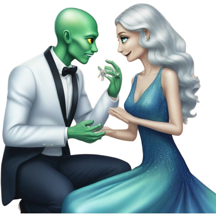 alien reptilian green skin woman, in long slim pastel blue formal party satin dress with gradient shiny sparkling navy blue diamonds embroidered , and caucasian man in black dres on his knees asks her to marry her emoji