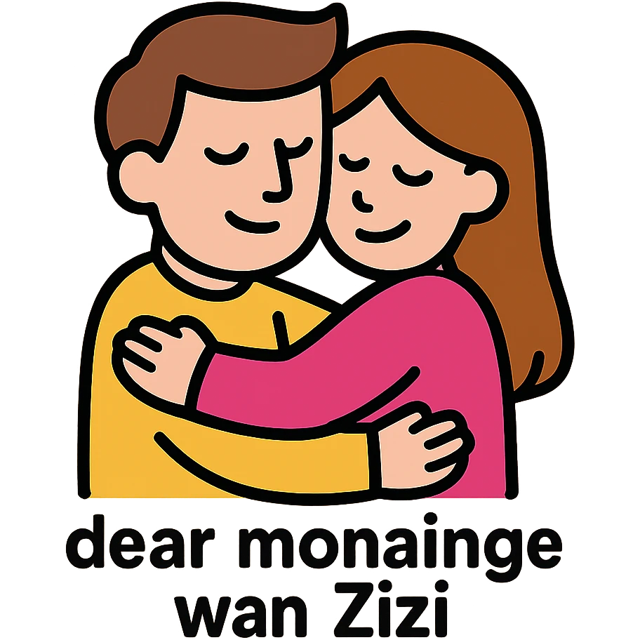 person hugging girlfriend, with text 'dear monainge wan Zizi' emoji