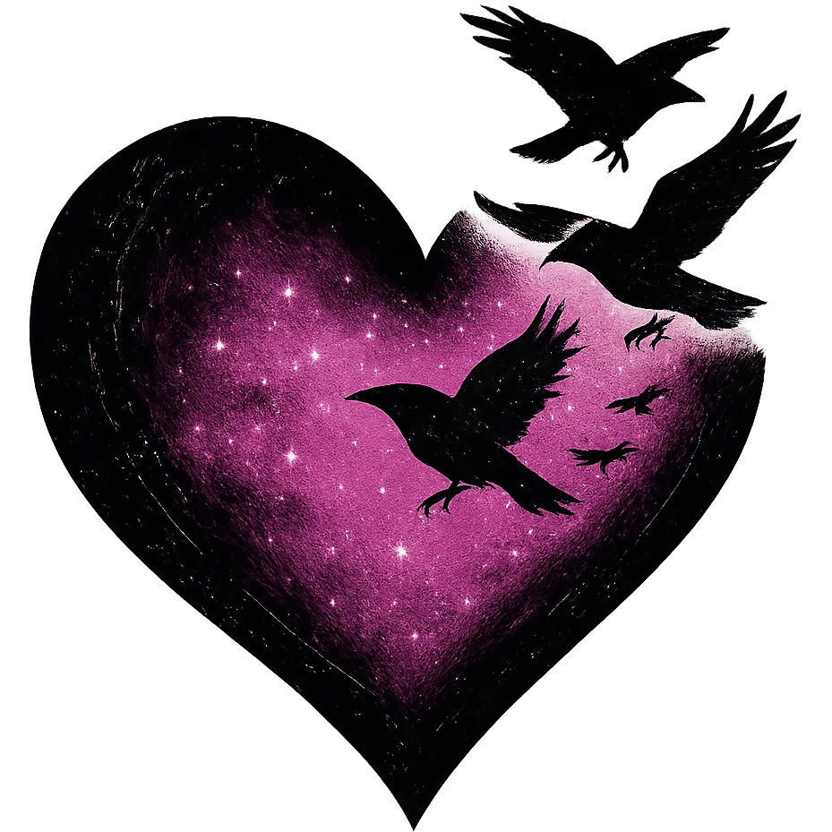 emo heart with pink night sky and dark ravens, remove background emoji