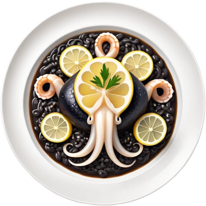 cinematic-realistic-black-risotto-dish,-showcasing-lagre squid pieces-rendered-with-bold-textures-and-dynamic,-dramatic-lighting in a white plate with a single slice of grilled lemon on top emoji