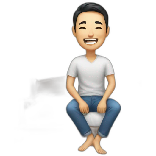 asian man laughing while sitting on the bed emoji